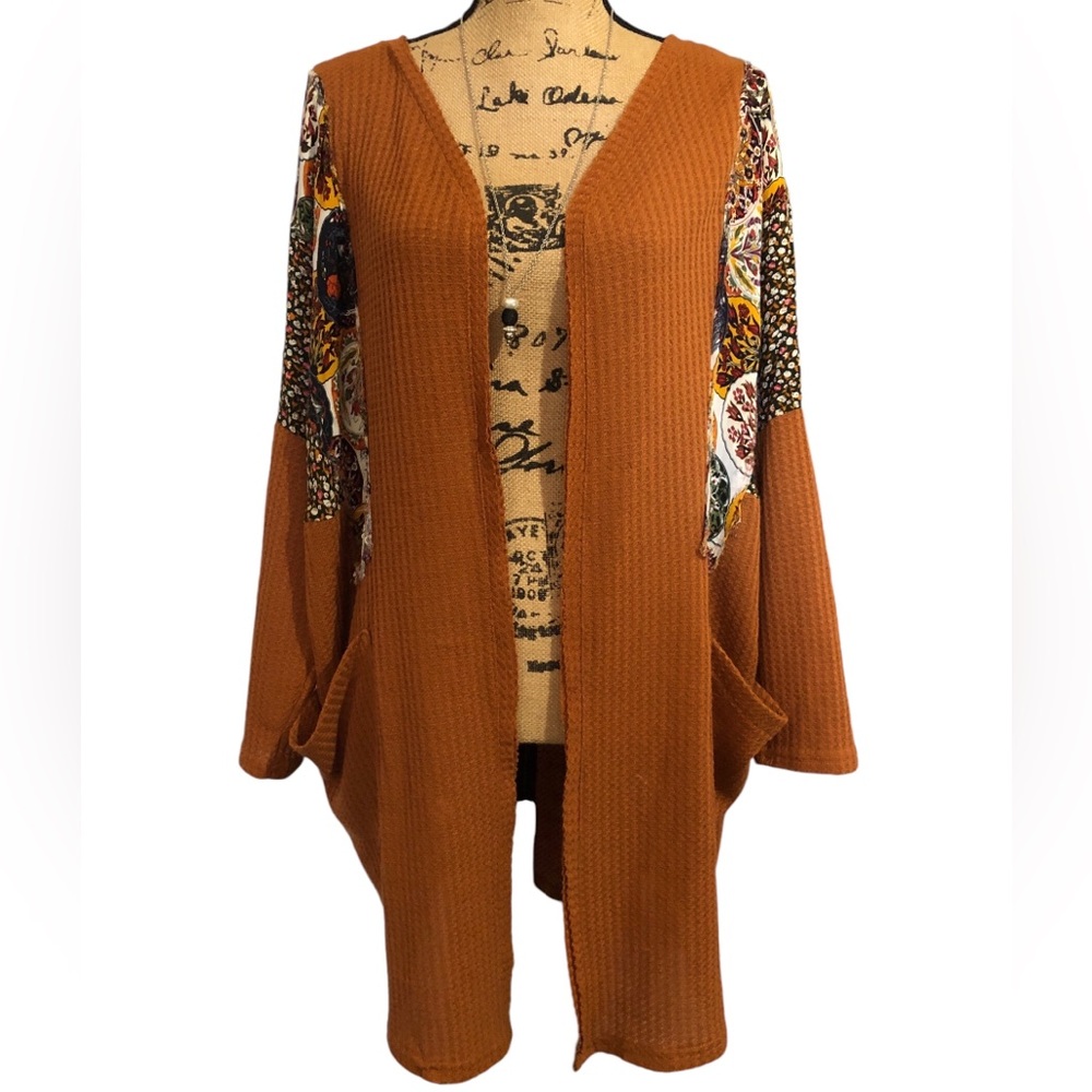 Umgee Waffle Knit Open Front Cardigan Pockets & Patchwork RUNS BIGGER!